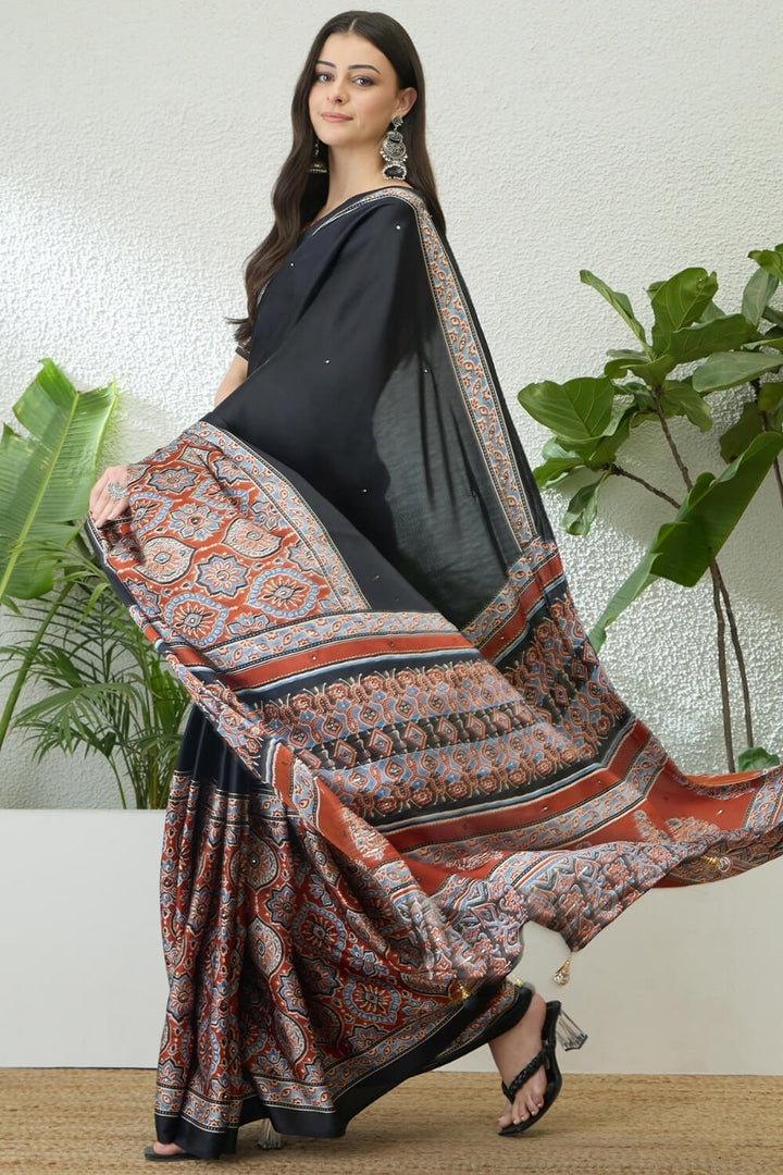 Black and Orange Printed Satin Silk Saree