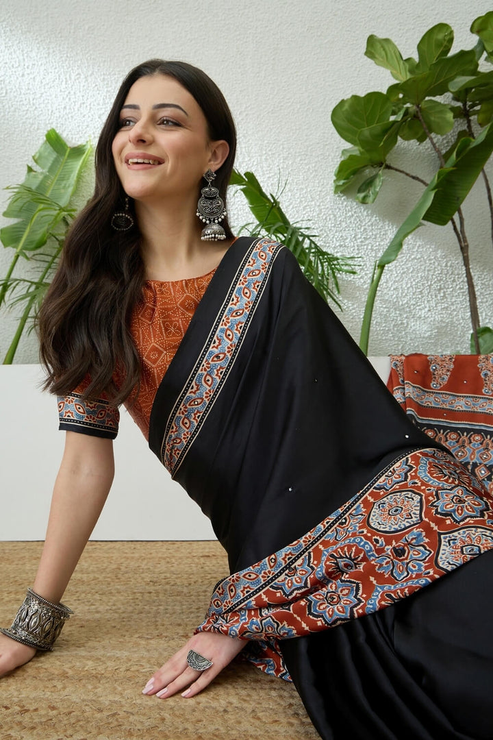 Black and Orange Printed Satin Silk Saree