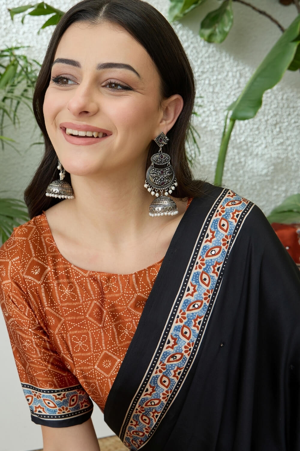 Black and Orange Printed Satin Silk Saree