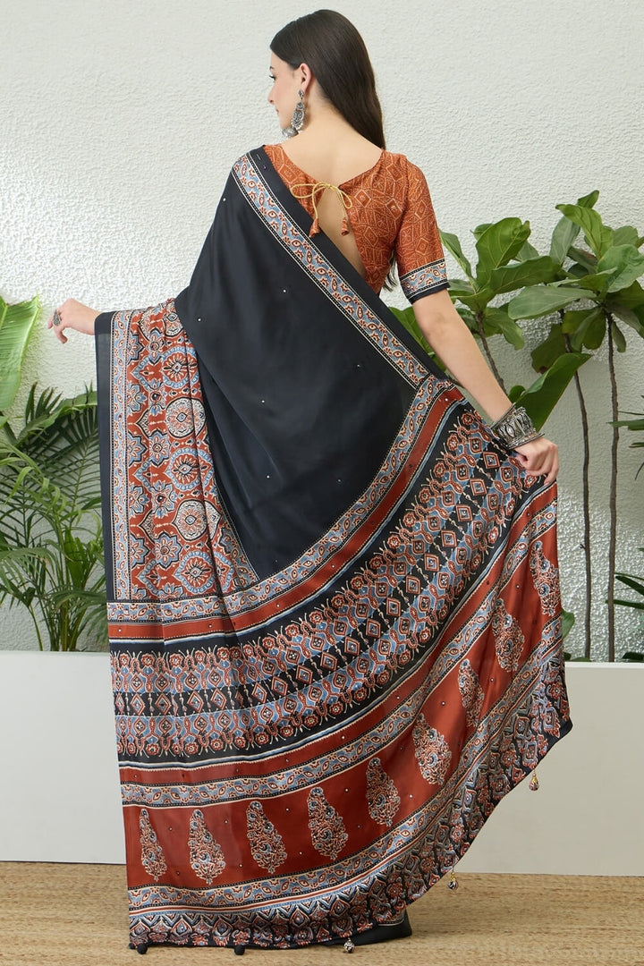 Black and Orange Printed Satin Silk Saree