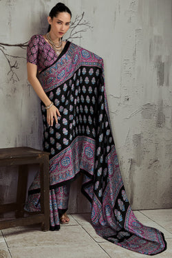 Black and Pink Ajrakh Printed Satin Silk Saree