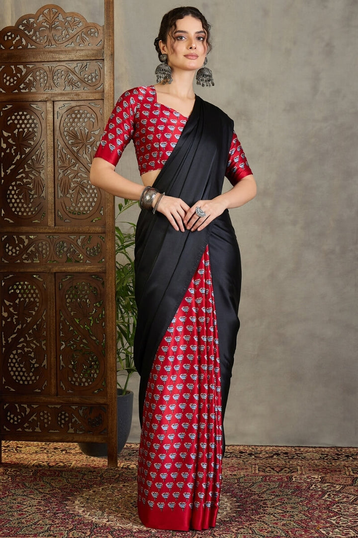 Black and Red Ajrakh Printed Satin Silk Saree