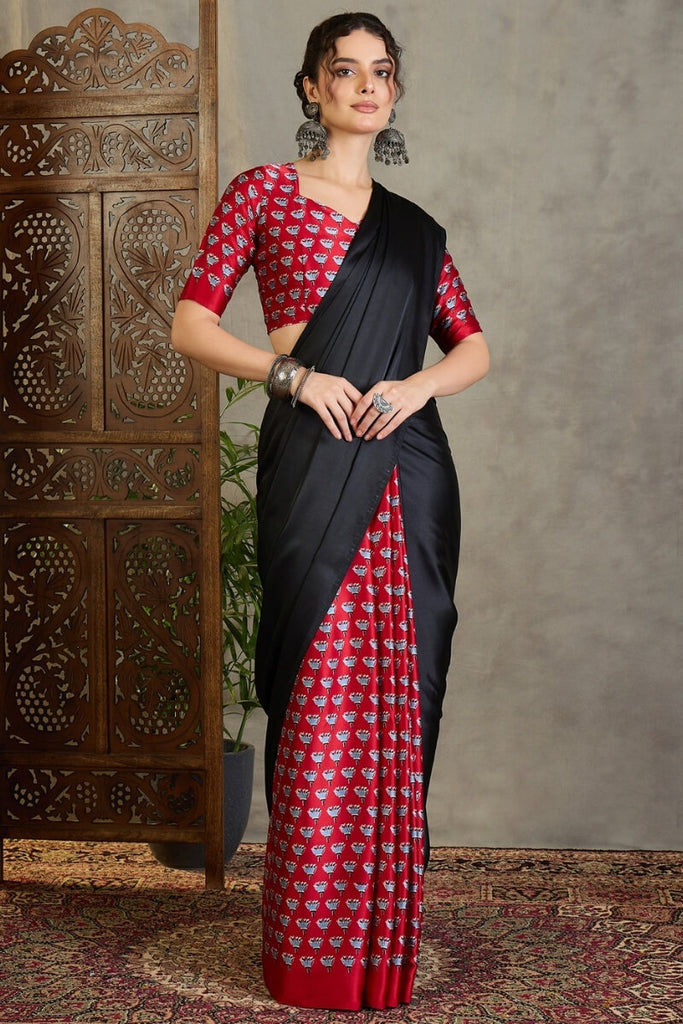 Black and Red Ajrakh Printed Satin Silk Saree