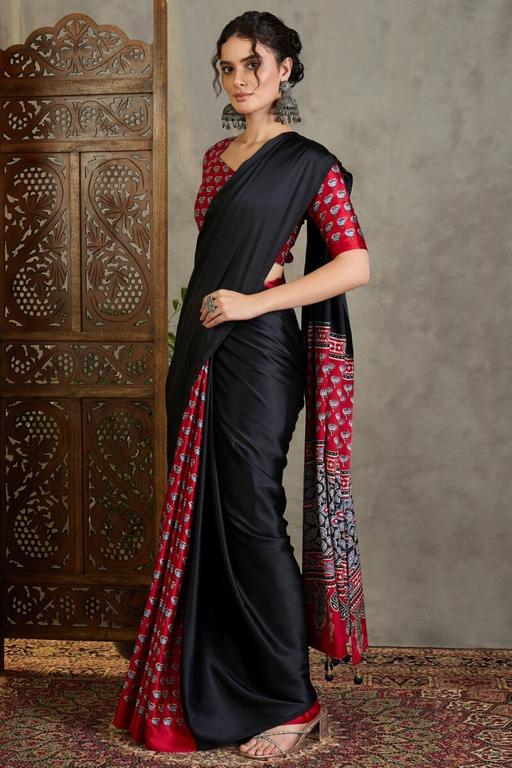 Black and Red Ajrakh Printed Satin Silk Saree