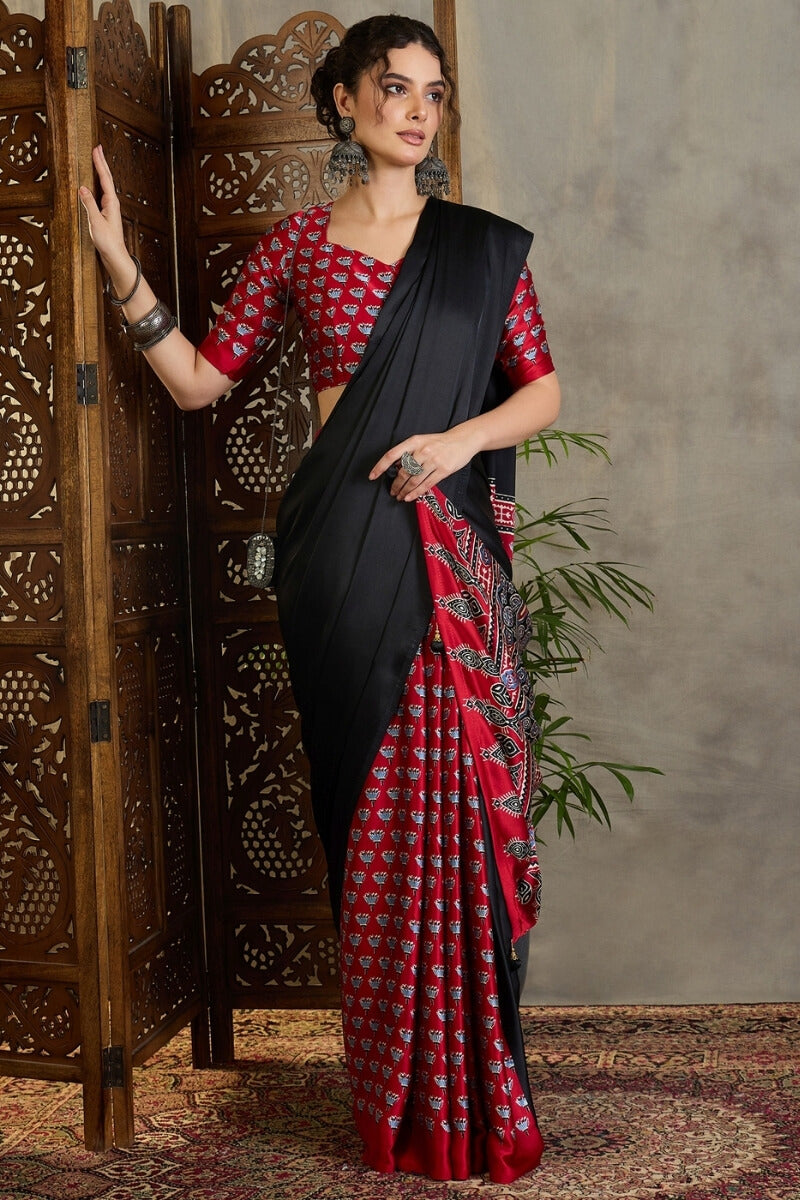 Black and Red Ajrakh Printed Satin Silk Saree