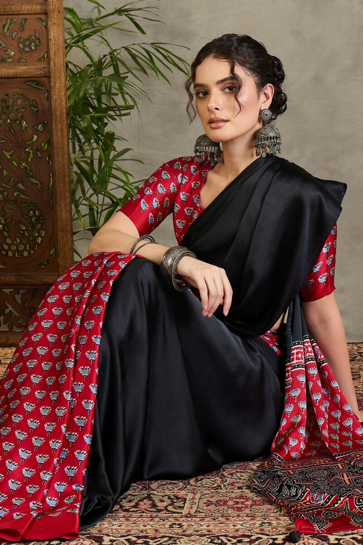 Black and Red Ajrakh Printed Satin Silk Saree
