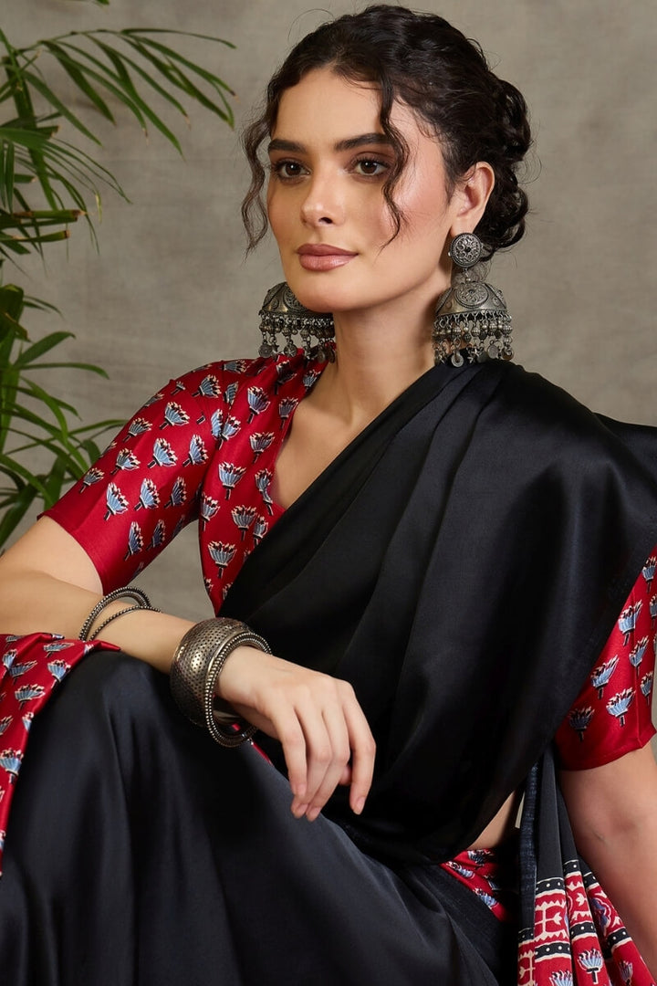 Black and Red Ajrakh Printed Satin Silk Saree