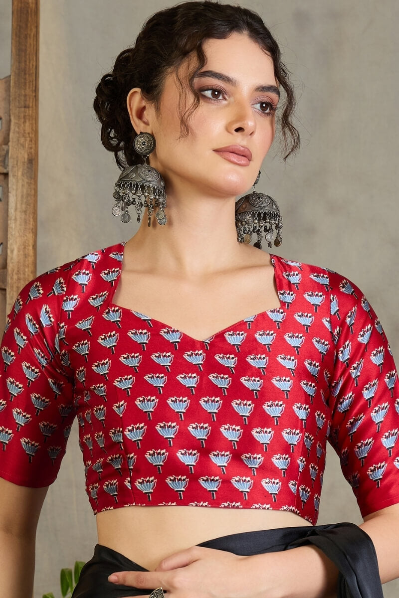 Black and Red Ajrakh Printed Satin Silk Saree