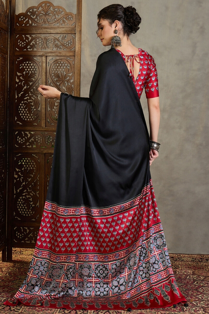Black and Red Ajrakh Printed Satin Silk Saree