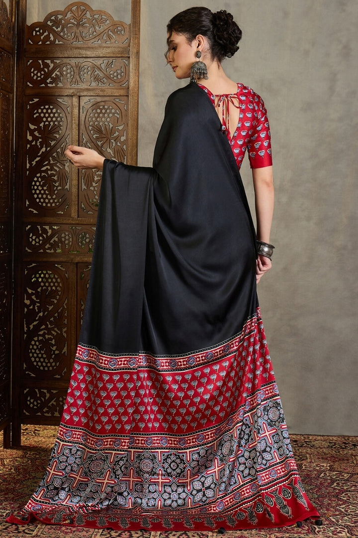 Black and Red Ajrakh Printed Satin Silk Saree