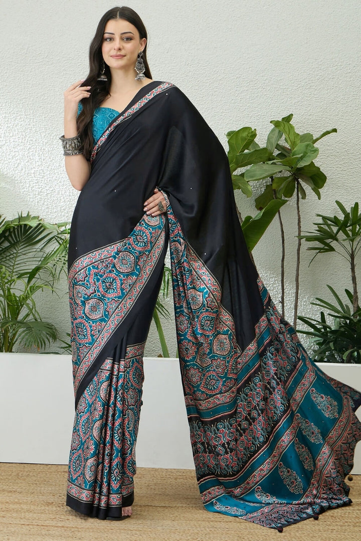 Black and Sky Blue Printed Satin Silk Saree