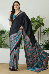 Black and Sky Blue Printed Satin Silk Saree