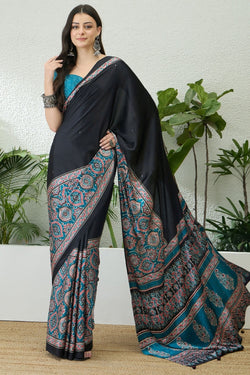 Black and Sky Blue Printed Satin Silk Saree