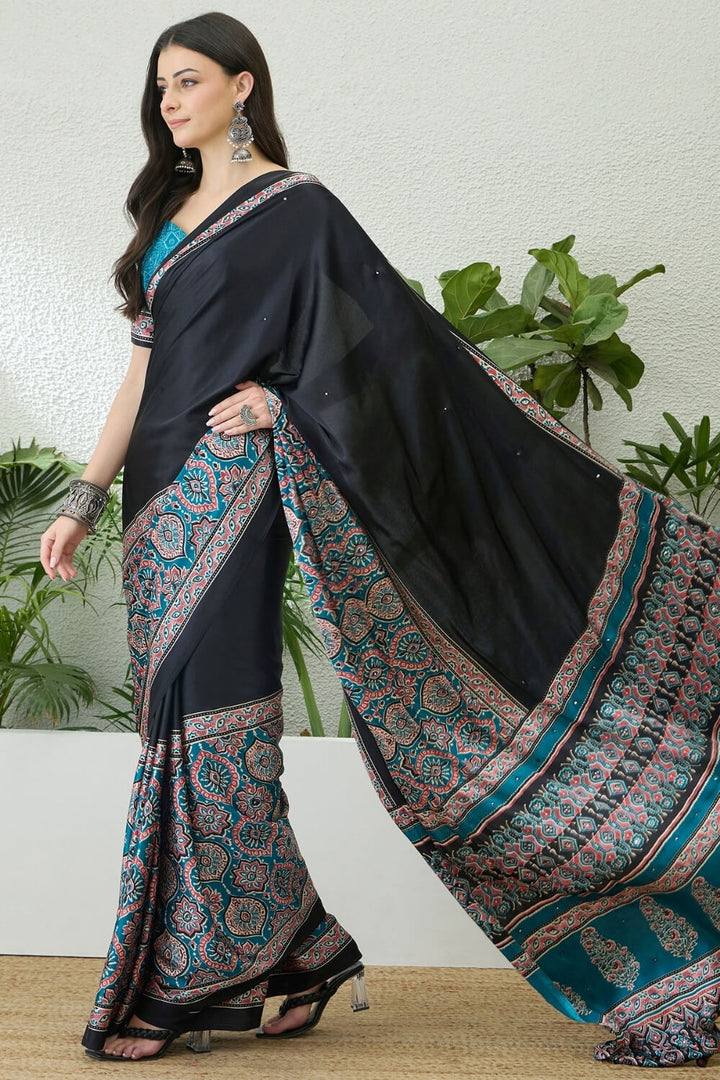 Black and Sky Blue Printed Satin Silk Saree