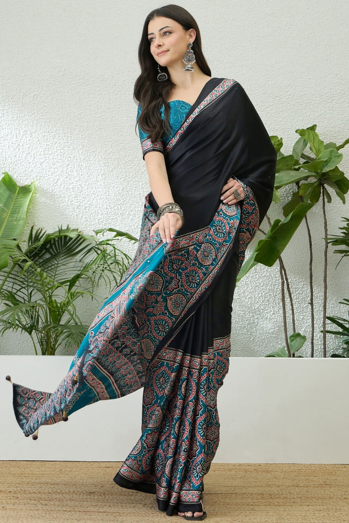 Black and Sky Blue Printed Satin Silk Saree