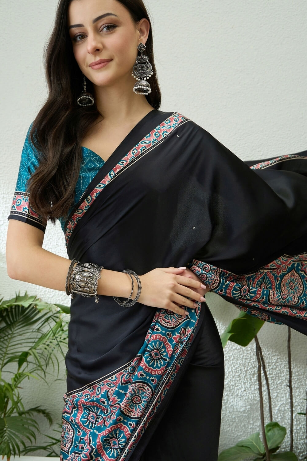 Black and Sky Blue Printed Satin Silk Saree