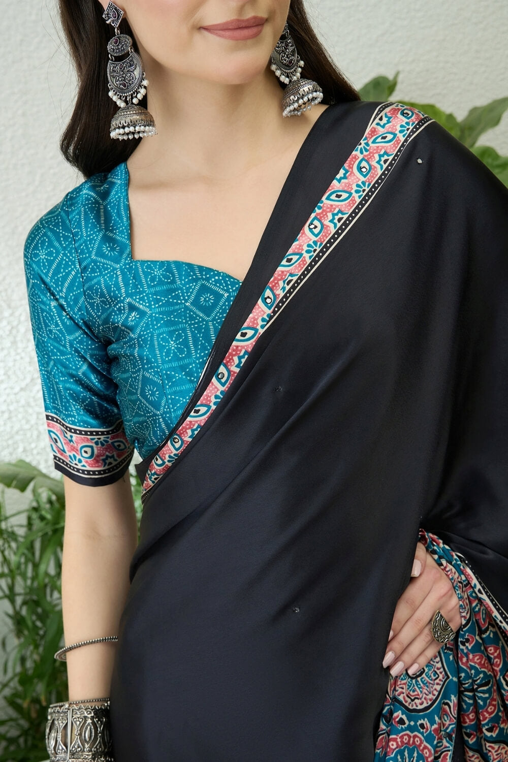 Black and Sky Blue Printed Satin Silk Saree