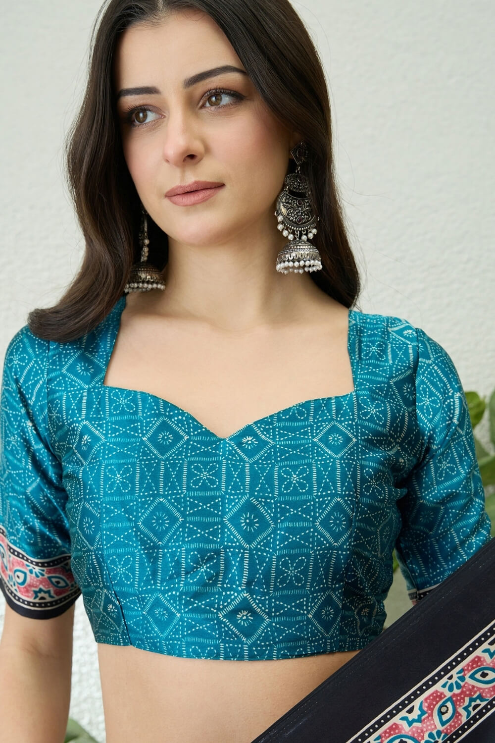 Black and Sky Blue Printed Satin Silk Saree