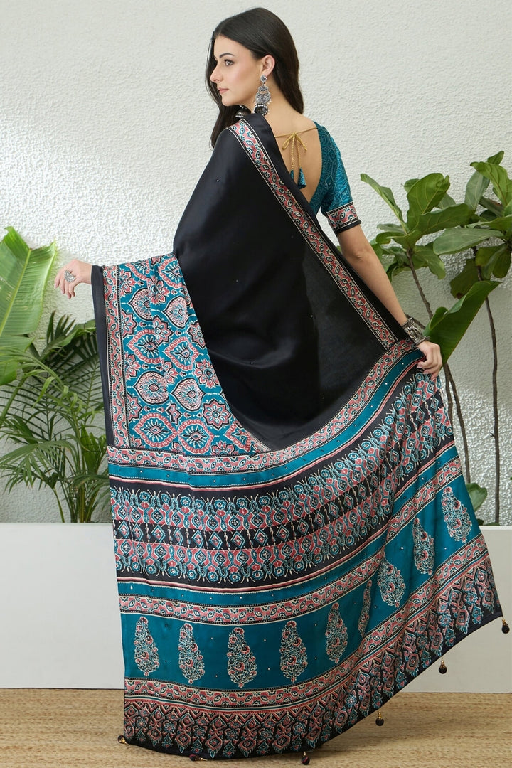 Black and Sky Blue Printed Satin Silk Saree
