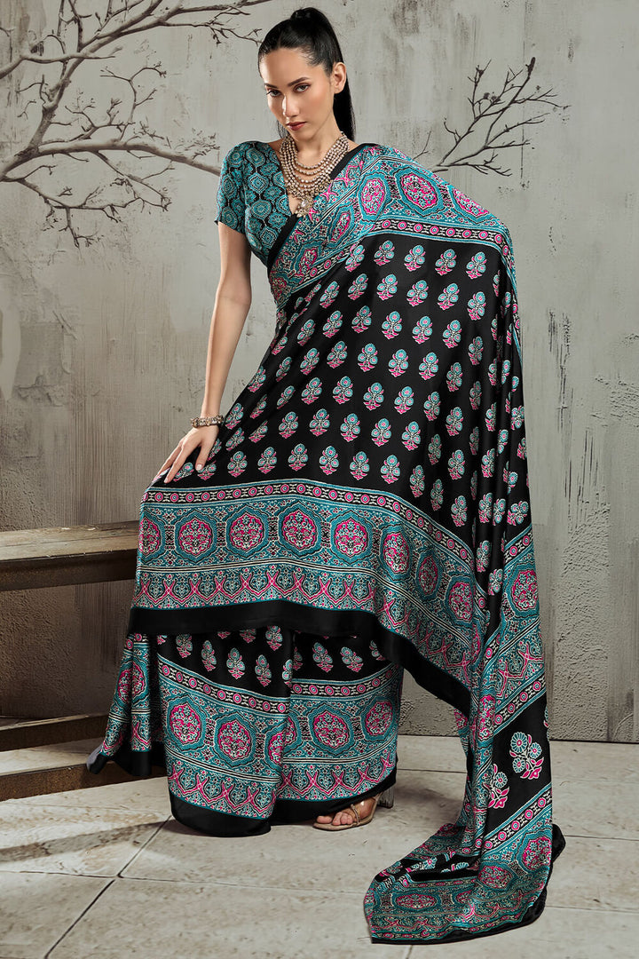 Black and Turquoise Ajrakh Printed Satin Silk Saree