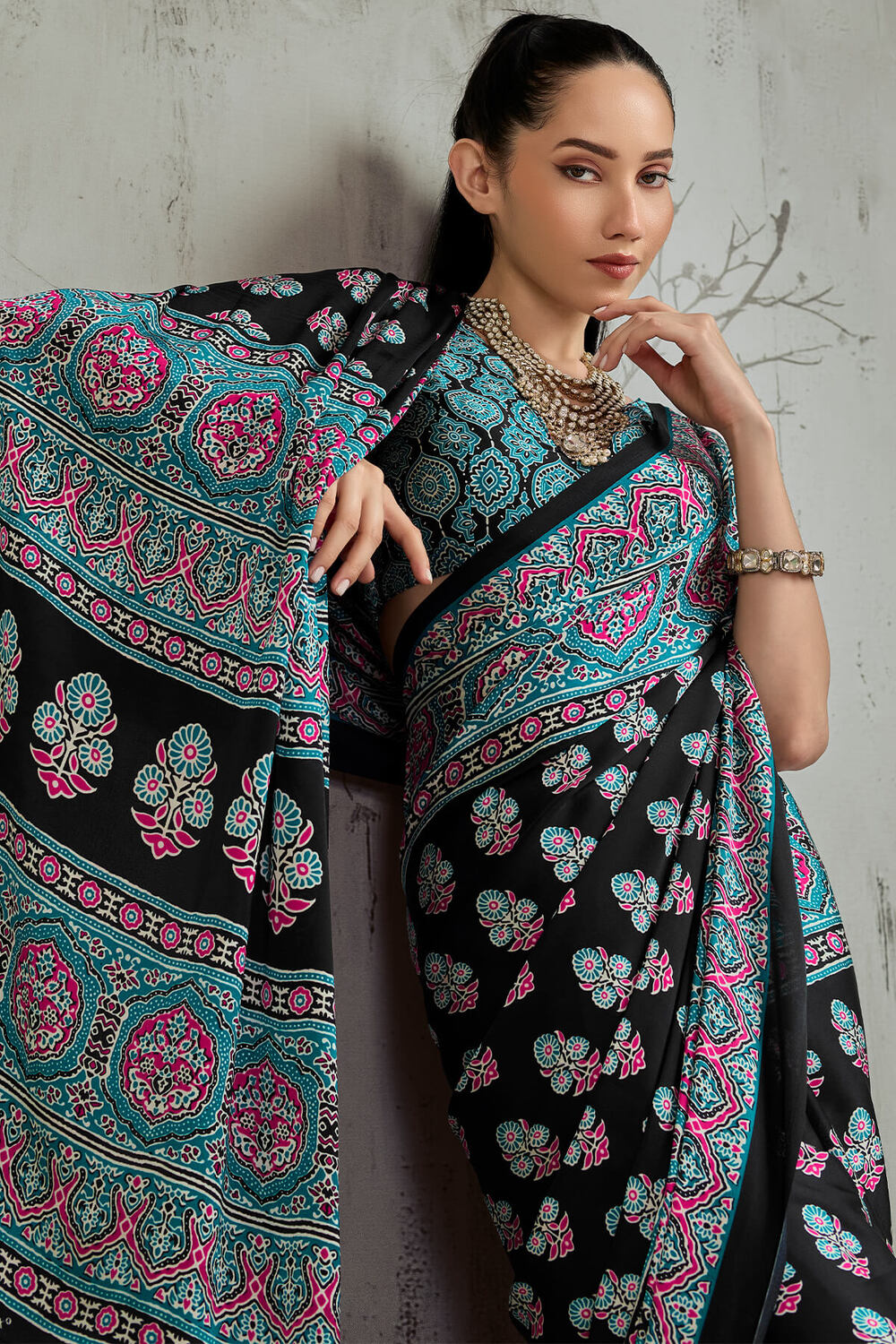 Black and Turquoise Ajrakh Printed Satin Silk Saree