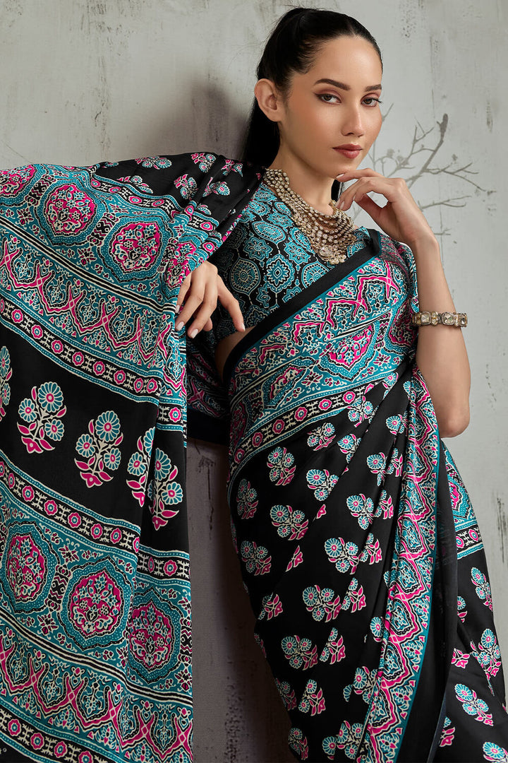 Black and Turquoise Ajrakh Printed Satin Silk Saree
