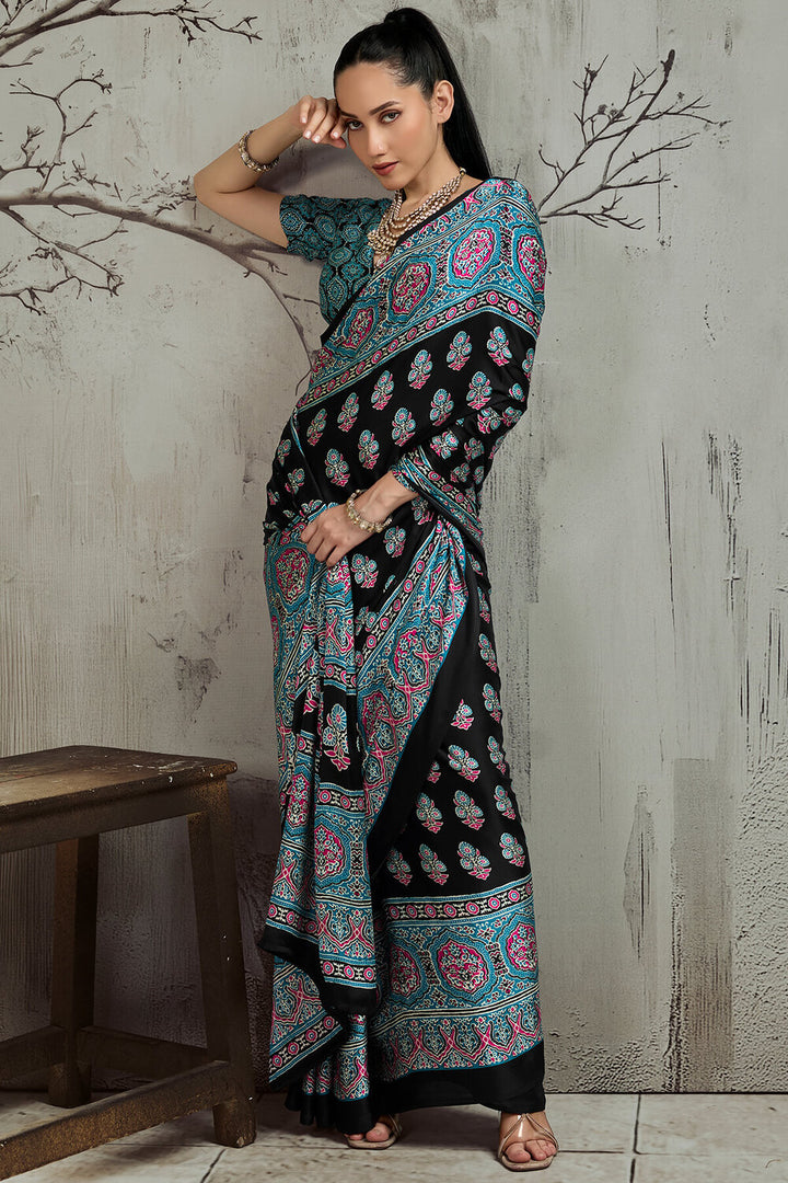 Black and Turquoise Ajrakh Printed Satin Silk Saree