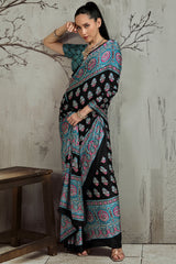 Black and Turquoise Ajrakh Printed Satin Silk Saree