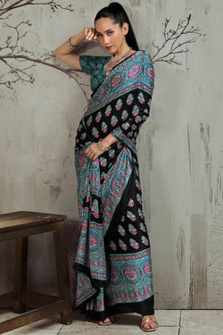 Black and Turquoise Ajrakh Printed Satin Silk Saree