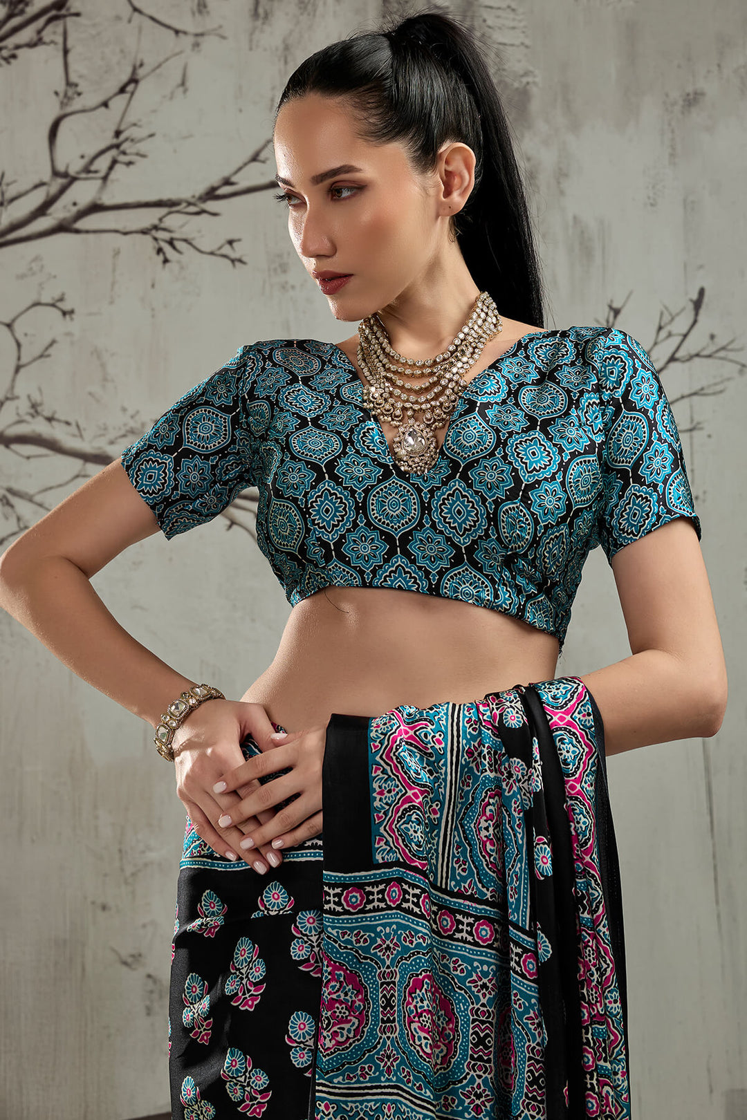 Black and Turquoise Ajrakh Printed Satin Silk Saree