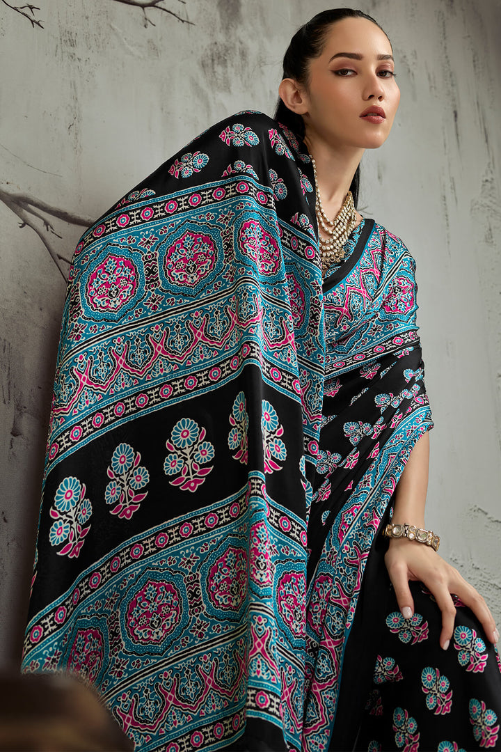 Black and Turquoise Ajrakh Printed Satin Silk Saree