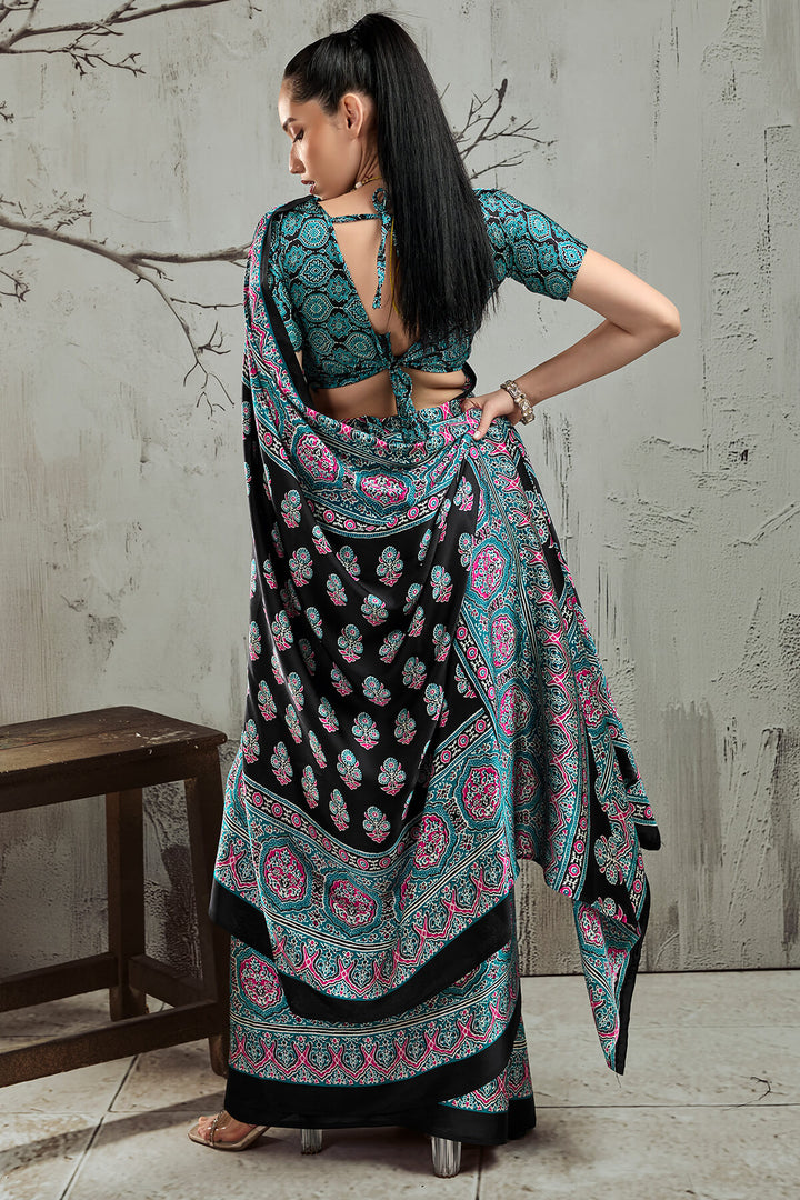 Black and Turquoise Ajrakh Printed Satin Silk Saree