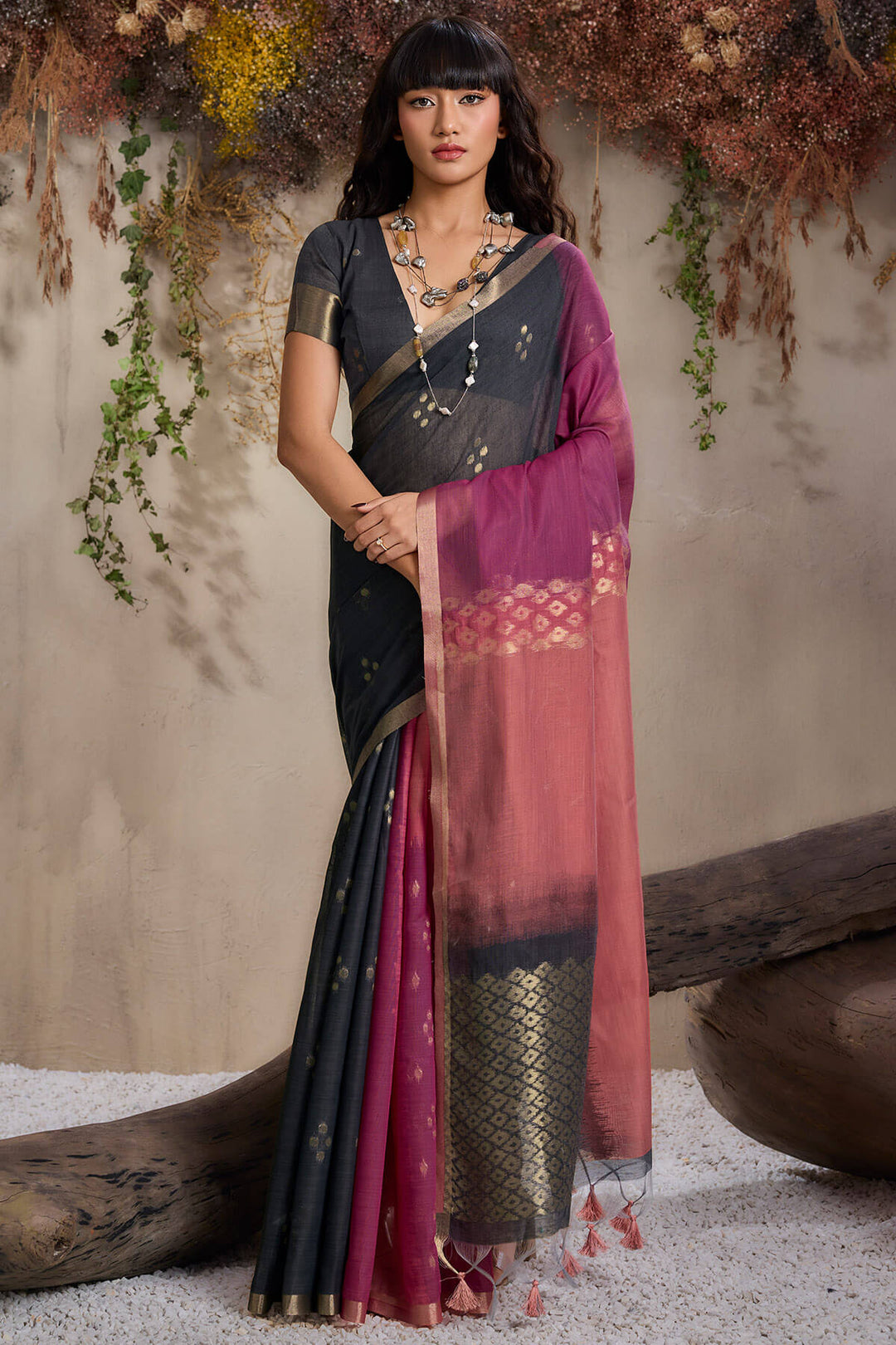 Black and Wine Viscose Cotton Silk Saree