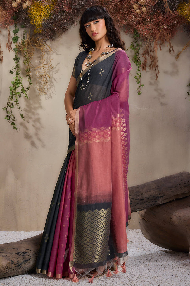 Black and Wine Viscose Cotton Silk Saree