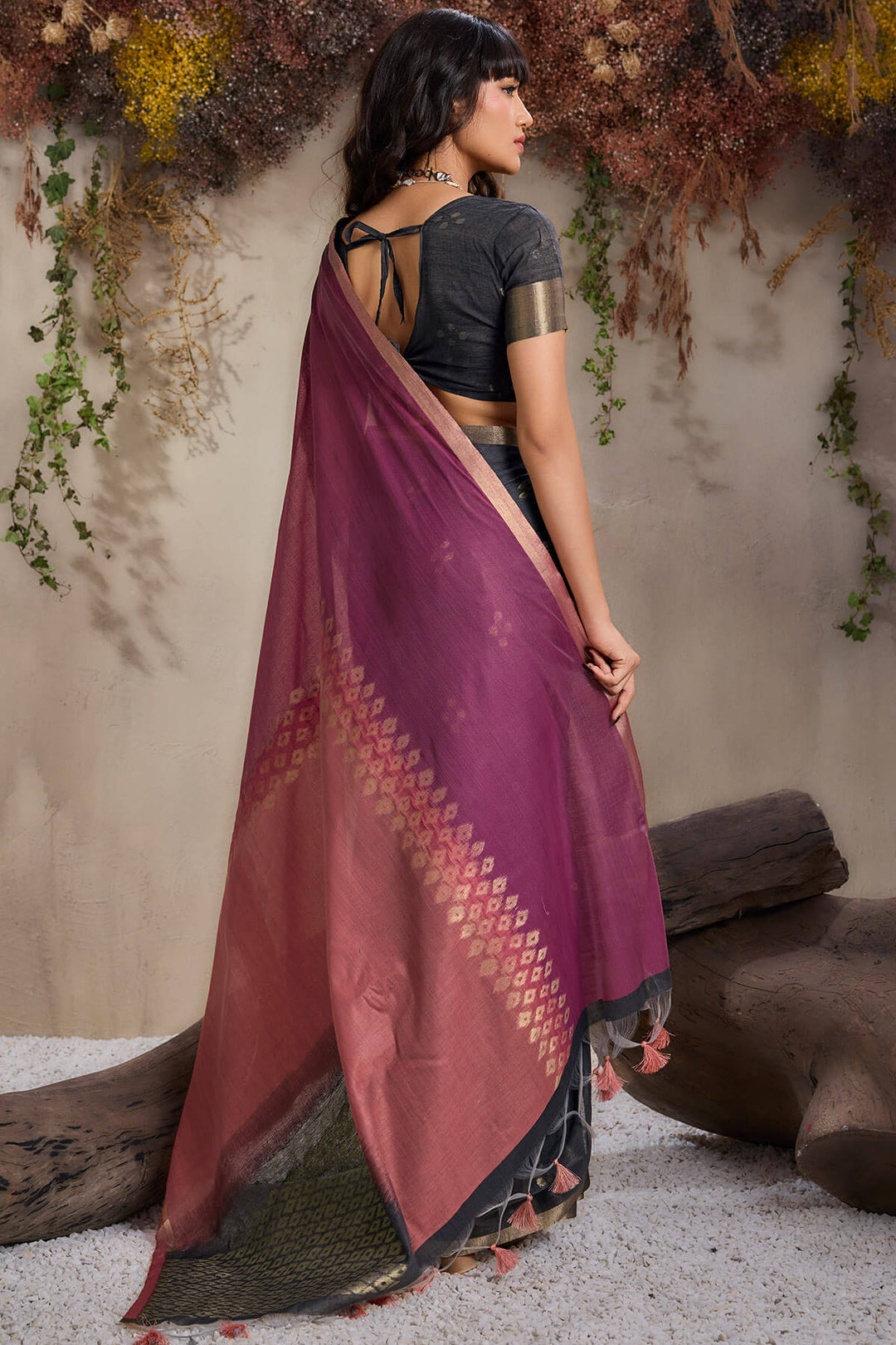 Black and Wine Viscose Cotton Silk Saree