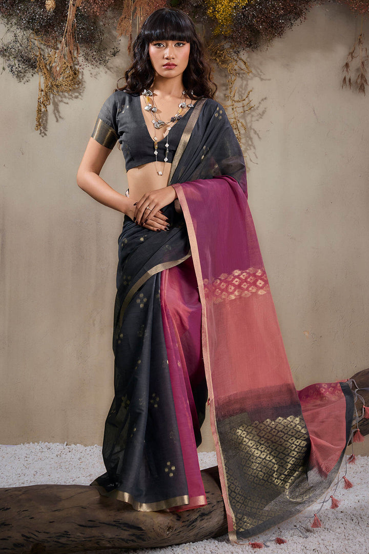 Black and Wine Viscose Cotton Silk Saree