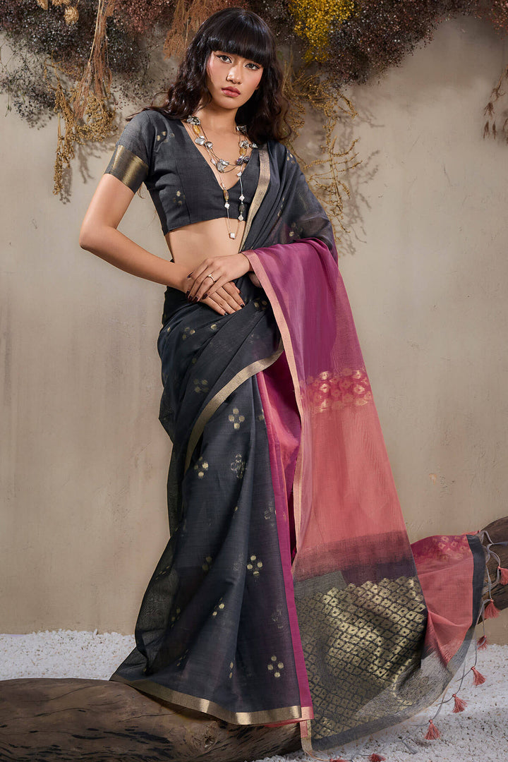 Black and Wine Viscose Cotton Silk Saree