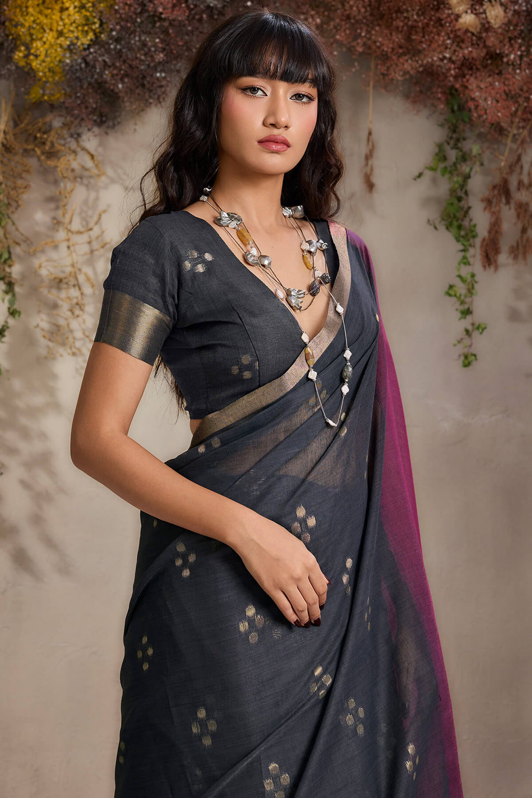 Black and Wine Viscose Cotton Silk Saree