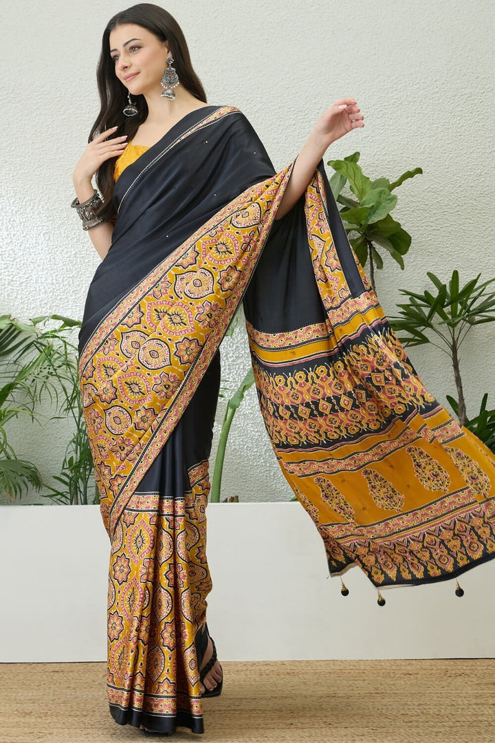 Black and Yellow Printed Satin Silk Saree