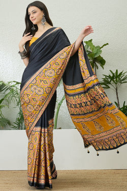 Black and Yellow Printed Satin Silk Saree