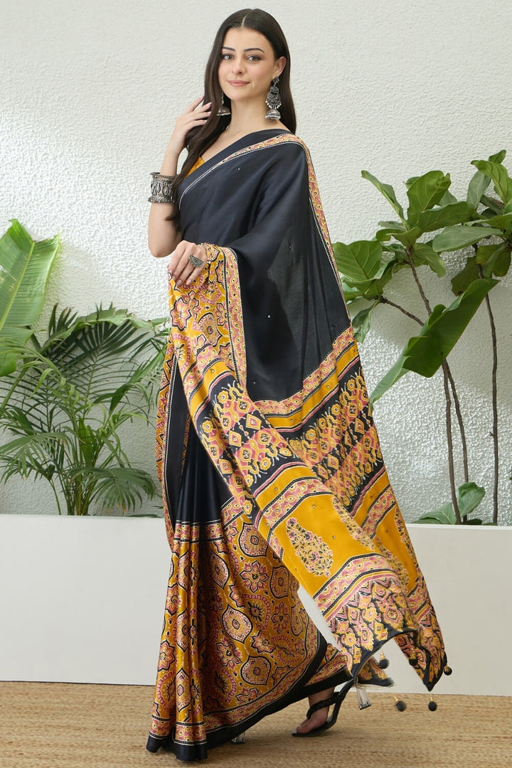 Black and Yellow Printed Satin Silk Saree