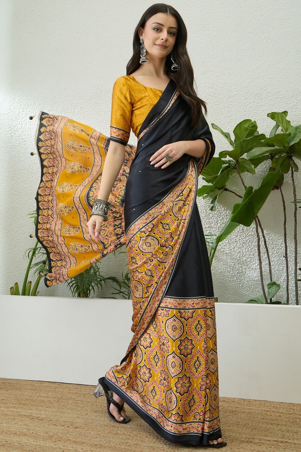 Black and Yellow Printed Satin Silk Saree