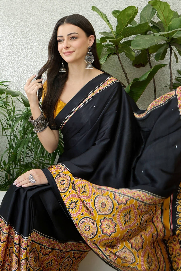 Black and Yellow Printed Satin Silk Saree