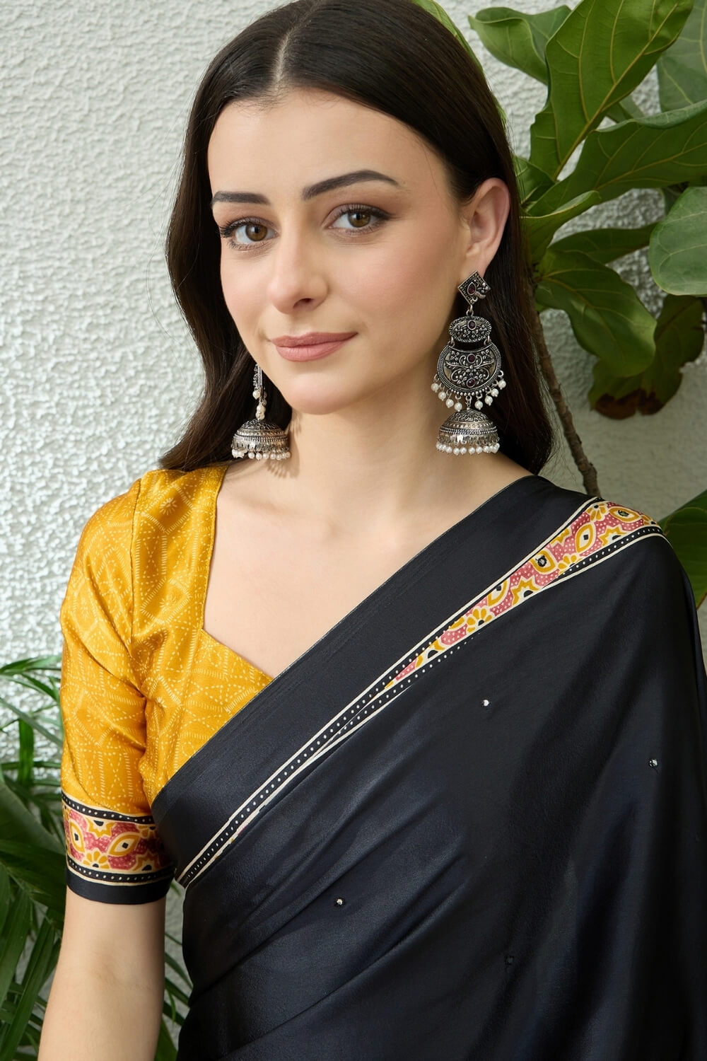 Black and Yellow Printed Satin Silk Saree