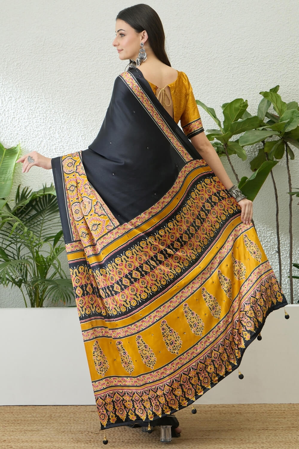 Black and Yellow Printed Satin Silk Saree