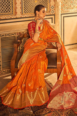Blaze Orange Banarasi Tussar Silk Saree