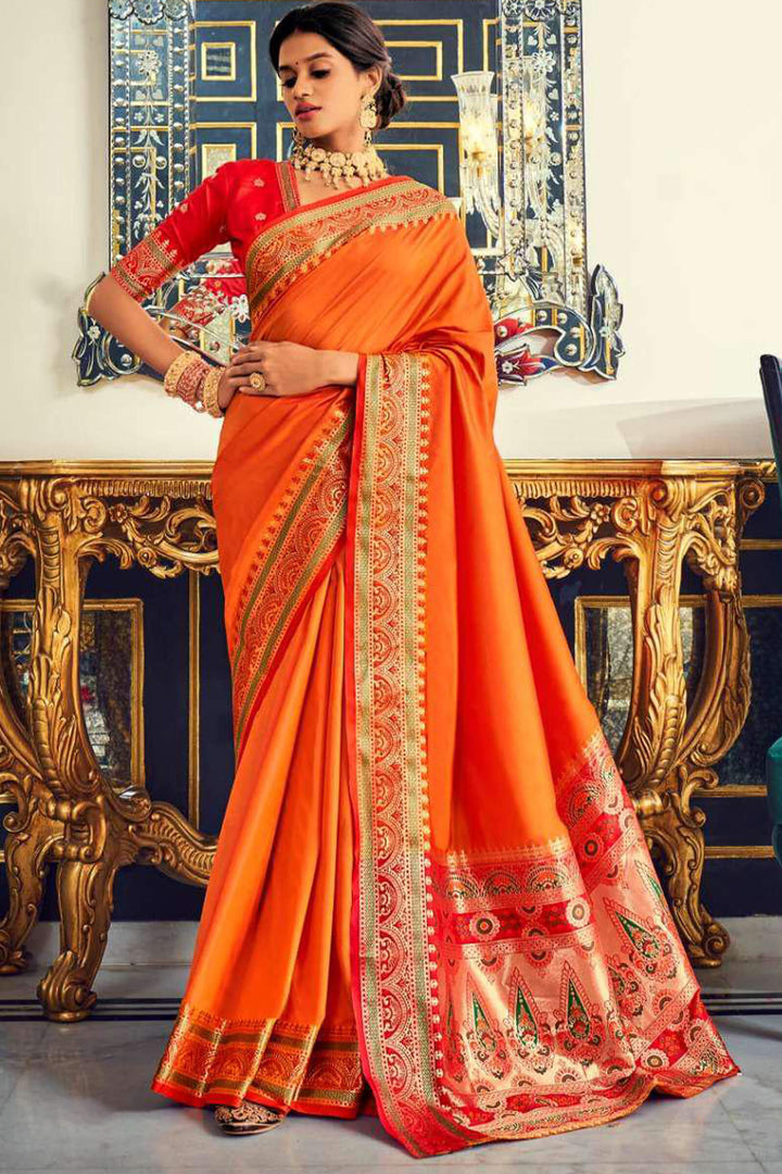 Blaze Orange Soft Paithani Silk Saree