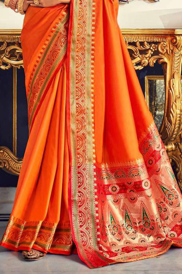 Blaze Orange Soft Paithani Silk Saree