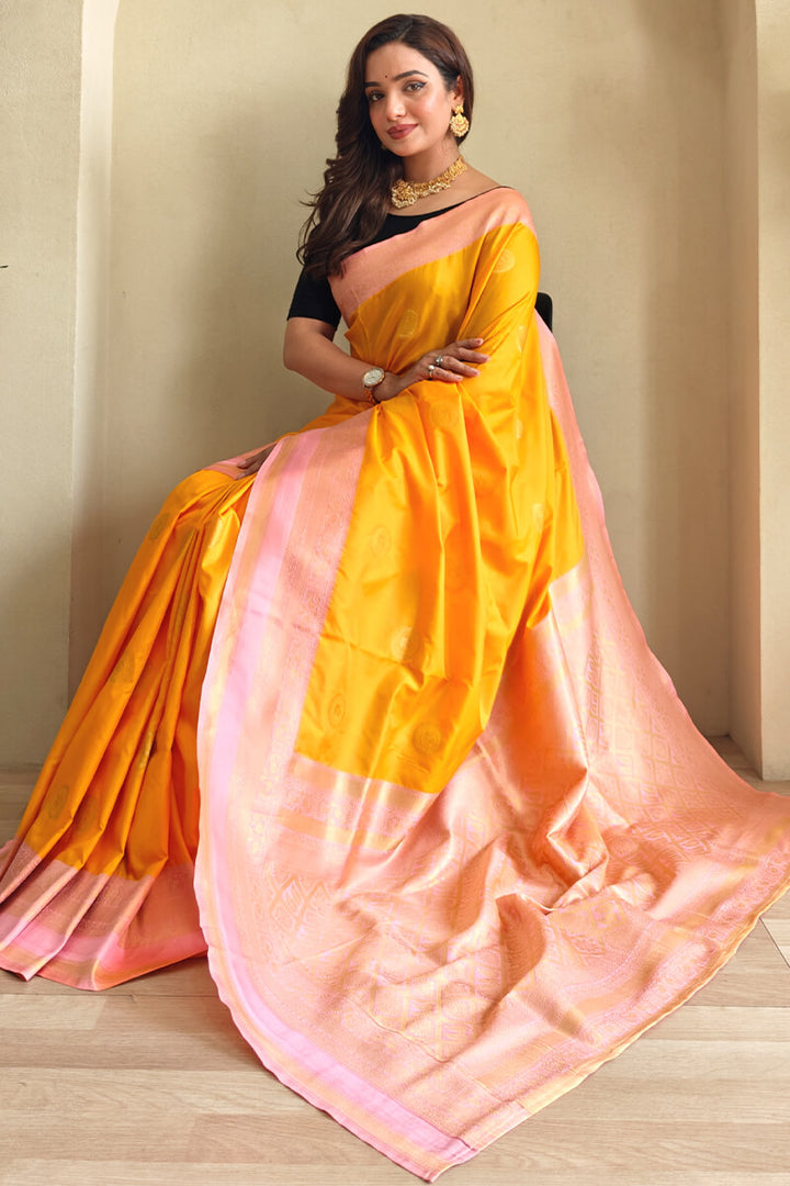 Blaze Orange Zari Woven Soft Banarasi Silk Saree