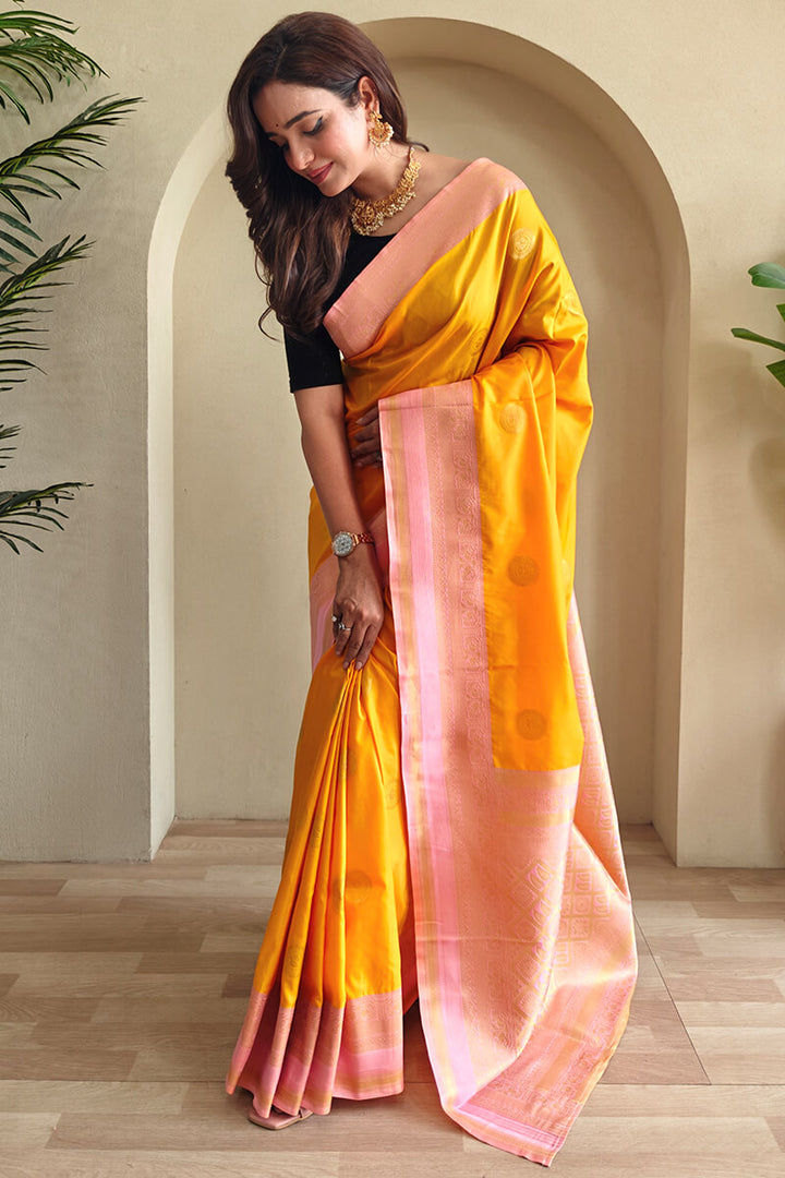 Blaze Orange Zari Woven Soft Banarasi Silk Saree